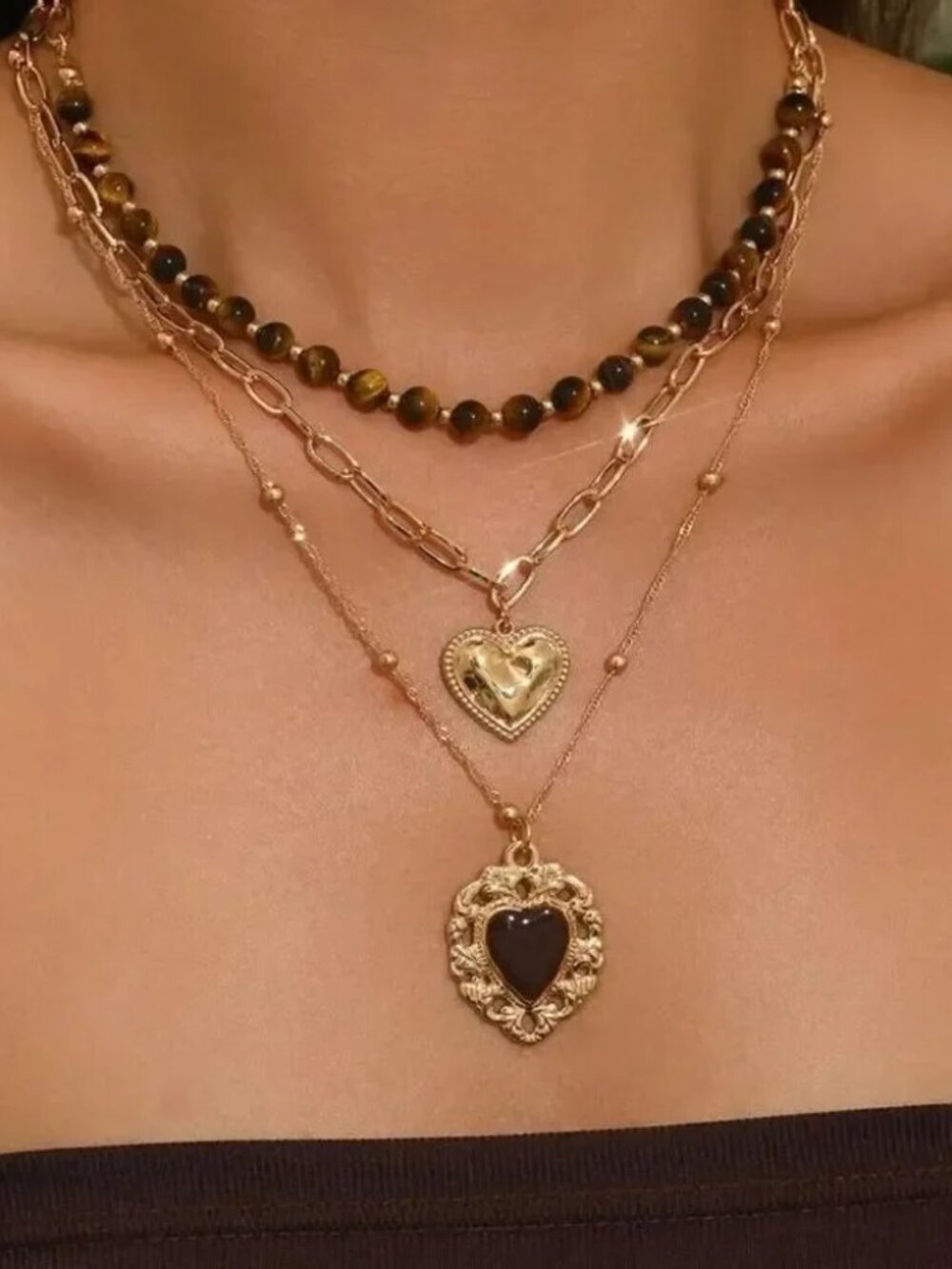 Gold and Black Heart Pendant Necklace Set R141